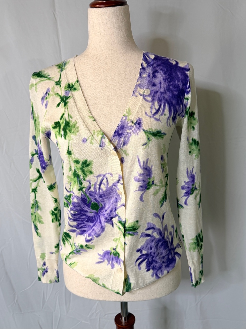 Talbots Cream Sweater with lavender Floral and Green Leaf pattern. silk,cotton,